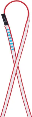 Rundschlinge mit 60 Schlingen von Beal; rot-weiß mit blauen Markierungen; für Kletteranwendungen.