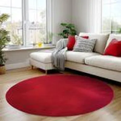 A red round rug in a living room setting with a sofa and plants.