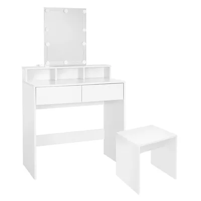 Produktbild von ML-Design Schminktisch mit LED-Beleuchtung, Frisiertisch mit Hocker, Spiegel, 2 Schubladen, 80x40x140 cm, Weiß, Make-up Tisch mit 3 offenen Fächern