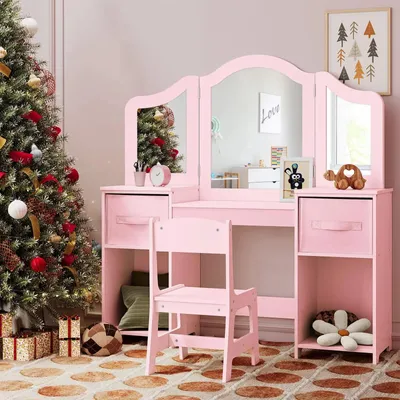 Produktbild von Kinder Schminktisch Prinzessin - Frisiertisch mit Stuhl - Abnehmbarer 3-fach Spiegel - 2 Schubladen Stauraum - Holz 113×30×108 cm - Weiß Rosa