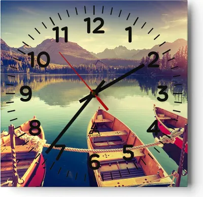 Produktbild von Wanduhr - Quadrat - Glasuhr - Berge See Boot - 40x40cm - Schleichendes Uhrwerk - Lautlos - zum Aufhängen bereit - Dekoration Modern - Wanddekoration aus Glas - C4AC40x40-3652