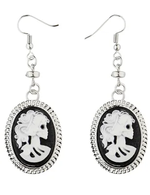 Produktbild von Kamee Totenkopf Ohrringe 01783 - Schwarz Weiß | Schmuck Halloween Kostüm Skelett Geist