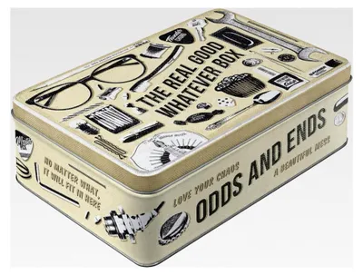 Produktbild von Retro Vorratsdose Flach, 2,5 l, Whatever Odds & Ends Box – Geschenkidee für Ihr Zuhause, Blechdose mit Deckel, Vintage-Design, zur Aufbewahrung von Nähzubehör
