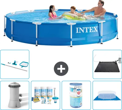 Produktbild von Intex Rundrahmen-Schwimmbecken – 366 x 76 cm – Blau – inklusive Pumpe Wartungspaket - Filter - Bodenplane - Reinigungskit - Solarmatte