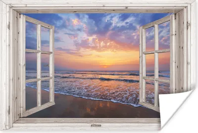 Produktbild von MuchoWow® Poster Aussicht - Meer - Strand - Sonnenuntergang - Blau 90x60 cm - Schlafzimmer