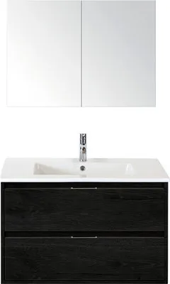 Produktbild von Sanox Badmöbel-Set Porto BxHxT 91 x 170 x 51 cm Frontfarbe black oak mit Waschtisch Keramik weiß, Waschtischunterschrank