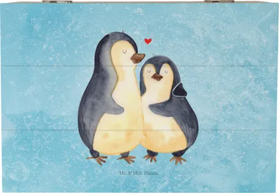 Produktbild von Mr. & Mrs. Panda Holzbox Pinguin umarmen 22 x 15 cm - Eisblau - Geschenk, Kiste mit Deckel, truhe holz, Umarmung, glücklich, Hochzeitsgeschenk, Holztruhe, Liebe, Verliebt