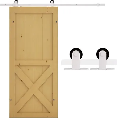 Produktbild von Schiebetür Beschlagset - Laufschienen-Set - 183 cm Schiene - Stahl - Bodenführung inklusive - Für Innentür aus Massivholz - Weiß