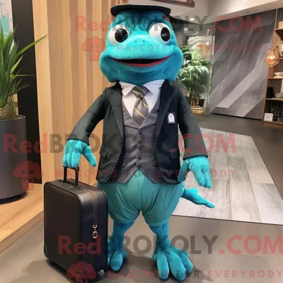 Produktbild von Maskottchen REDBROKOLY eines blaugrünen Frosches mit Anzugjacke und Messengerbag