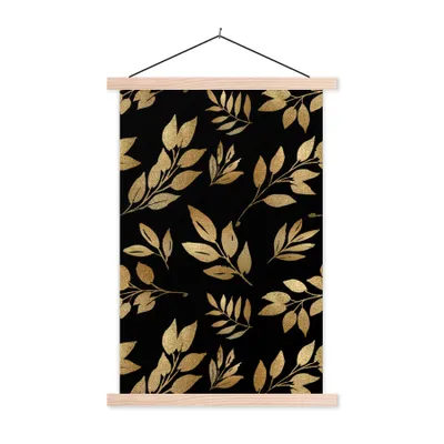 Produktbild von MuchoWow® Textilposter Partoon - Schwarz und Gold - Blätter 120x180 cm mit holzfarbenen Rahmen - Textil-Plakat