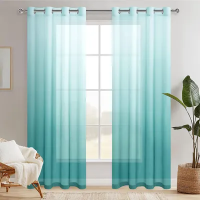 Productafbeelding van Set van 2 Halftransparante Gordijnen - Blauwgroene Raamdecoratie 140 x 260 cm