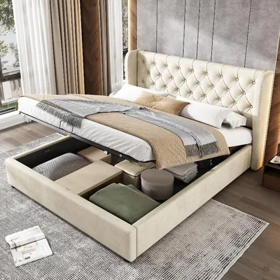 Immagine prodotto di Letto imbottito 140x200 cm, color beige, in velluto, con spazio contenitore e rete a doghe, struttura letto idraulica con alta testiera, ideale per la camera da letto