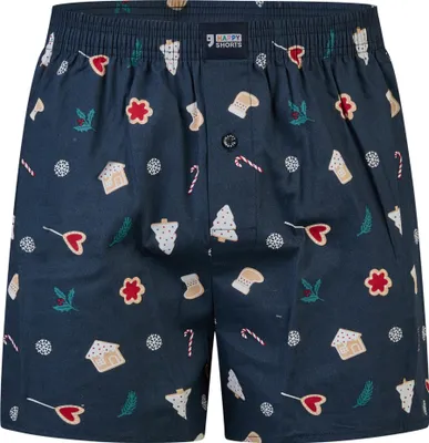 Image de Boxer court pour homme Happy Shorts - X-MAS, style américain, coton, imprimé de Noël « bonhommes de neige et bonhommes en pain d'épices », bleu marine, taille S