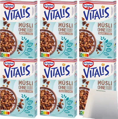 Produktbild von Dr. Oetker Vitalis Müsli Knuspermüsli Schoko ohne Zuckerzusatz 6er Pack (6x400g Packung) + usy Block