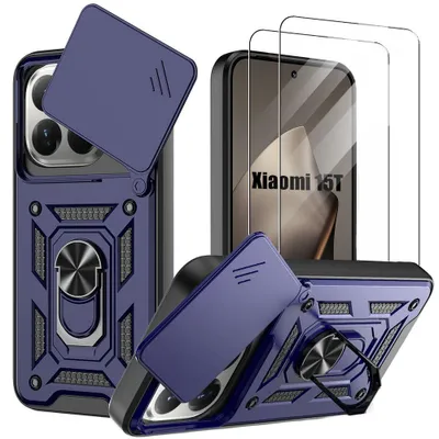 Image de Coque + 2 Verres Trempés pour Xiaomi 15T, Protection Antichoc avec Anneau Arrière Bordure Renforcée - Bleu Marine
