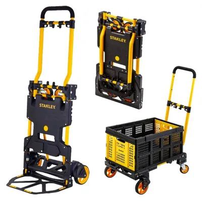Image de Ensemble diable et caisse de courses Stanley - Chariot de transport 2 en 1, capacité 137 kg - Diable pliable avec caisse de 50 litres - Compact et maniable - Noir/jaune