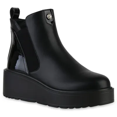 Produktbild von VAN HILL Damen Leicht Gefütterte Keilstiefeletten Stiefeletten Schuhe 841384, Farbe: Schwarz PU, Größe: 38