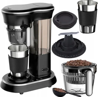 A coffee maker and its accessories are displayed against a white background.