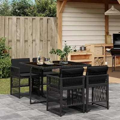 Produktbild von Rattan Gartenmöbel Set 4 Personen, Rattan Sitzgruppe, Gartentisch Mit Stühlen, Sitzgruppe Outdoor, mit Kissen Schwarz 5-TLG
