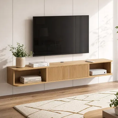 Image de Meuble mural en bois pour télévision, dimensions : 178 x 30 x 24 cm