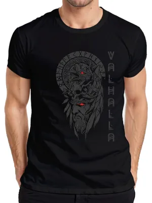 Obrázek produktu pro Valhalla Viking Skull Nordic Runic Wreath Odin Raven Red pánské tričko, černá, S