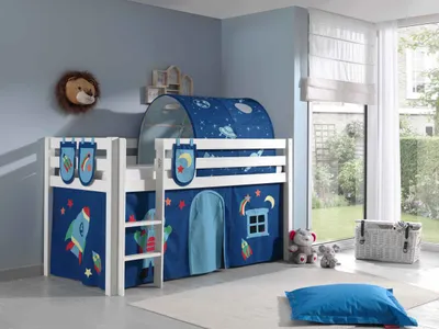Produktbild von Spielbett Pino mit Textilset Vorhang, Tunnel und 3 Taschen "Astro", Kiefer massiv weiß lackiert