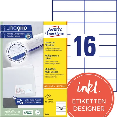 Zdjęcie produktu dla Etykiety uniwersalne Avery, białe, 105 x 37 mm, 105 x 37