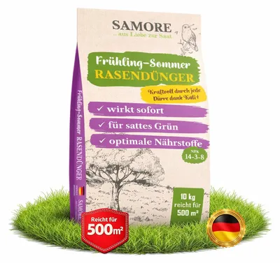Produktbild von 2x5 kg =10 kg samore Rasendünger Frühjahr/Sommer Sofortwirkung für saftiges grün gesunder Rasen verdrängt Moos und Unkraut NPK Dünger Rasen