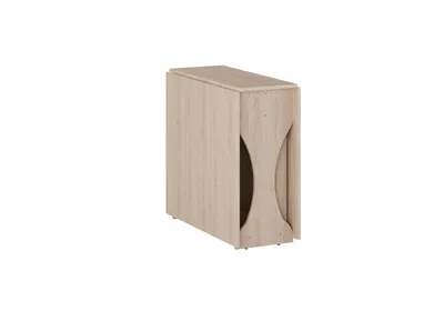 A light brown wooden table with a curved cutout on the side, shown against a white background.
