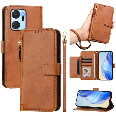 Produktbild von Wallet Hülle für Honor X7A, Flip Stand Kunstleder Kartenhalter Brieftasche Reißverschluss Braun