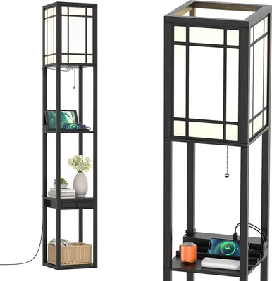 Produktbild von COSTWAY Stehleuchte Regal mit 3-Ebenen, 2 USB-Anschlüsse, Stehlampe Holz E27, 160x26x26cm(Strich)
