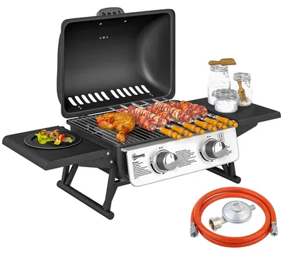 Produktbild von Gasgrill tragbar mit 2 Brennern 1800cm² Grillfläche Tisch-Gasgrill Edelstahl-Brenner mit Thermometer & 2 klappbaren Seitenablagen für Camping & Garten Schwarz