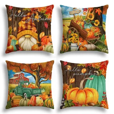 Immagine prodotto di Set di federe per cuscini a tema autunnale, con decorazione zucca, 40 x 40 cm, confezione da 4 pezzi