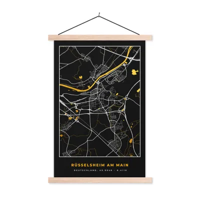 Produktbild von MuchoWow® Textilposter Schwarz und Gold - Stadtplan - Rüsselsheim am Main - Deutschland - Karte 120x180 cm mit holzfarbenen Rahmen - Textil-Plakat