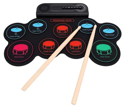 Produktbild von 9-teiliges, aufrollbares elektronisches Schlagzeugset. Tragbares Silikon-Schlagzeug, integrierter Lautsprecher, Kopfhöreranschluss, USB-MIDI-Anschluss, 8 Demo-Songs, zwei Pedale, ideal für Anfänger