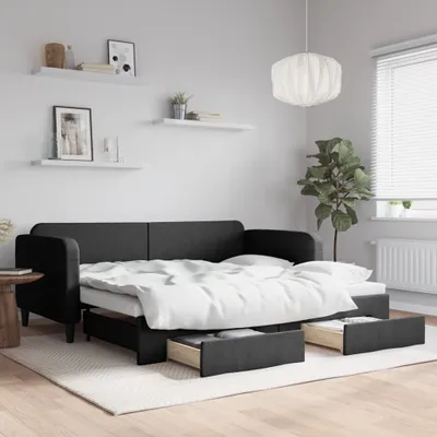 Produktbild von Tagesbett Ausziehbar mit Schubladen Schwarz 90x190 cm Stoff