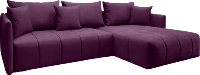 A purple sectional sofa with multiple cushions.
