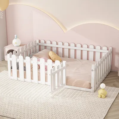 Produktbild von Flieks Kinderbett Bodenbett 140x200cm mit Tür, Spielbett Doppelbett Kinderbett ohne Lattenrost, Holzbett Bettgestell für Kinderzimmer, Weiß
