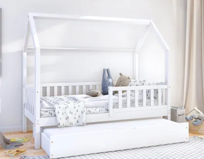 Produktbild von PORTIA BIS2 Hausbett Kinderbett 90 x 200 weiß Kiefer Holzbett mit Schlaffunktion, 2 Lattenroste, Rausfallschutz Schubkasten Holz