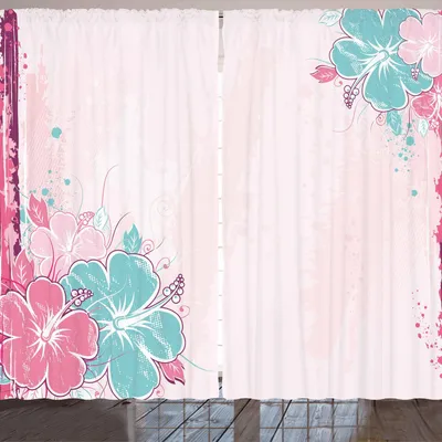 Produktbild von ARANDE Blume Gardine, Blumenstrauß der exotischen Natur-Aquarell-Art-Grafik Hibiscus Florets, 280 x 245 cm, Türkis Hellrosa
