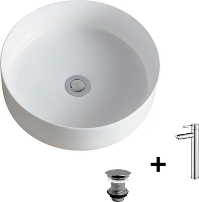 Immagine prodotto di Lavabo da appoggio tondo 36x36cm + rubinetto + piletta DIEGO