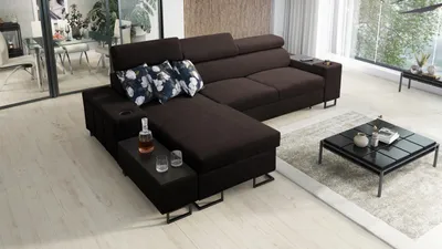 Image de Canapé d'angle t moderne MELODY I MINI avec port USB et étag?re Sawana brun foncé gauche
