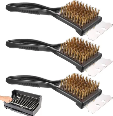 Produktbild von Set von 3 Grillbürsten, Edelstahl-Schaber, 2-in-1 für Gusseisen, Messingborsten, für BBQ