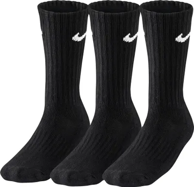 Three black Nike socks are arranged side-by-side against a white background.