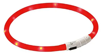 Zdjęcie produktu dla Obroża LED Maxi Safe, 55 cm, światło ciągłe, 2 tryby migania, kolor czerwony, w zestawie kabel USB