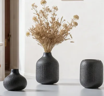 Productafbeelding van Zwarte keramische vazen, 3 stuks, in Scandinavische boho-stijl, geschikt voor pampasgras