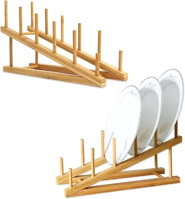 Produktbild von PolkaHome® Bambus Geschirrabtropfgestell 2er Set – Tellerständer Topfdeckelhalter Schneidebrett Organizer für Küchenschrank, Tassen,