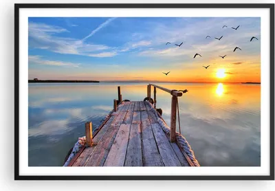 Produktbild von Gerahmtes Poster - Schwarzer Rahmen - See Natur Brücke Vögel - 91,5x61 cm - Wand Bild - Wanddeko - Wandbilder - Kunstposter - Wandposter - Bilderrahmen - Bilder - Kunstdruck - Wandbild P2BAA91x61-2402