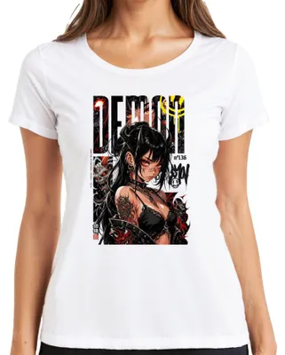 Immagine prodotto di T-shirt da donna, stile streetwear gotico, con motivo "Demon Anime Girl", corna, ispirazione giapponese anni 2000, design "Hannya", colore bianco, taglia XXL