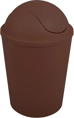 A brown trash can with a flip-top lid.